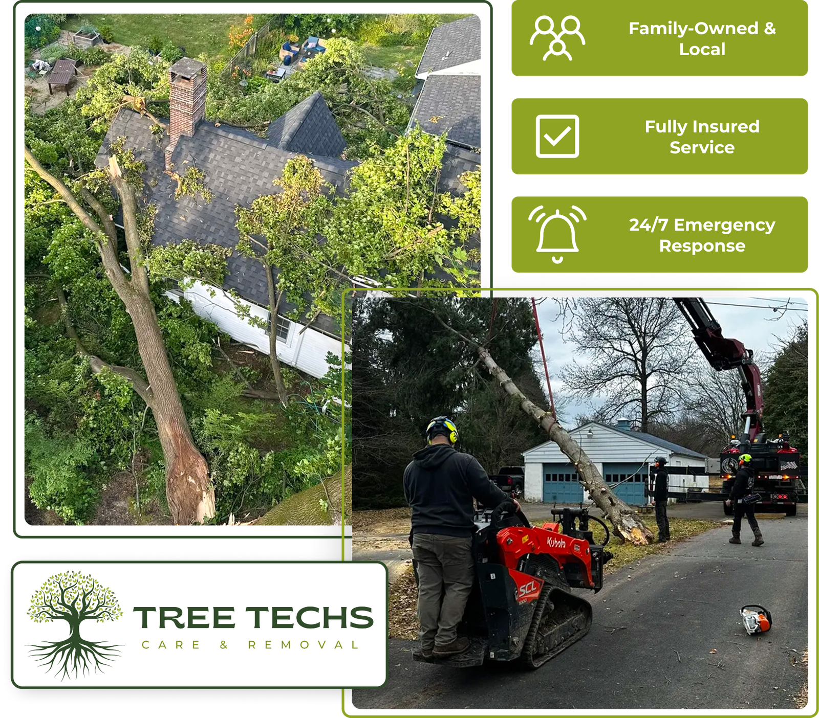Crew cutting up a fallen tree as part of storm recovery services.