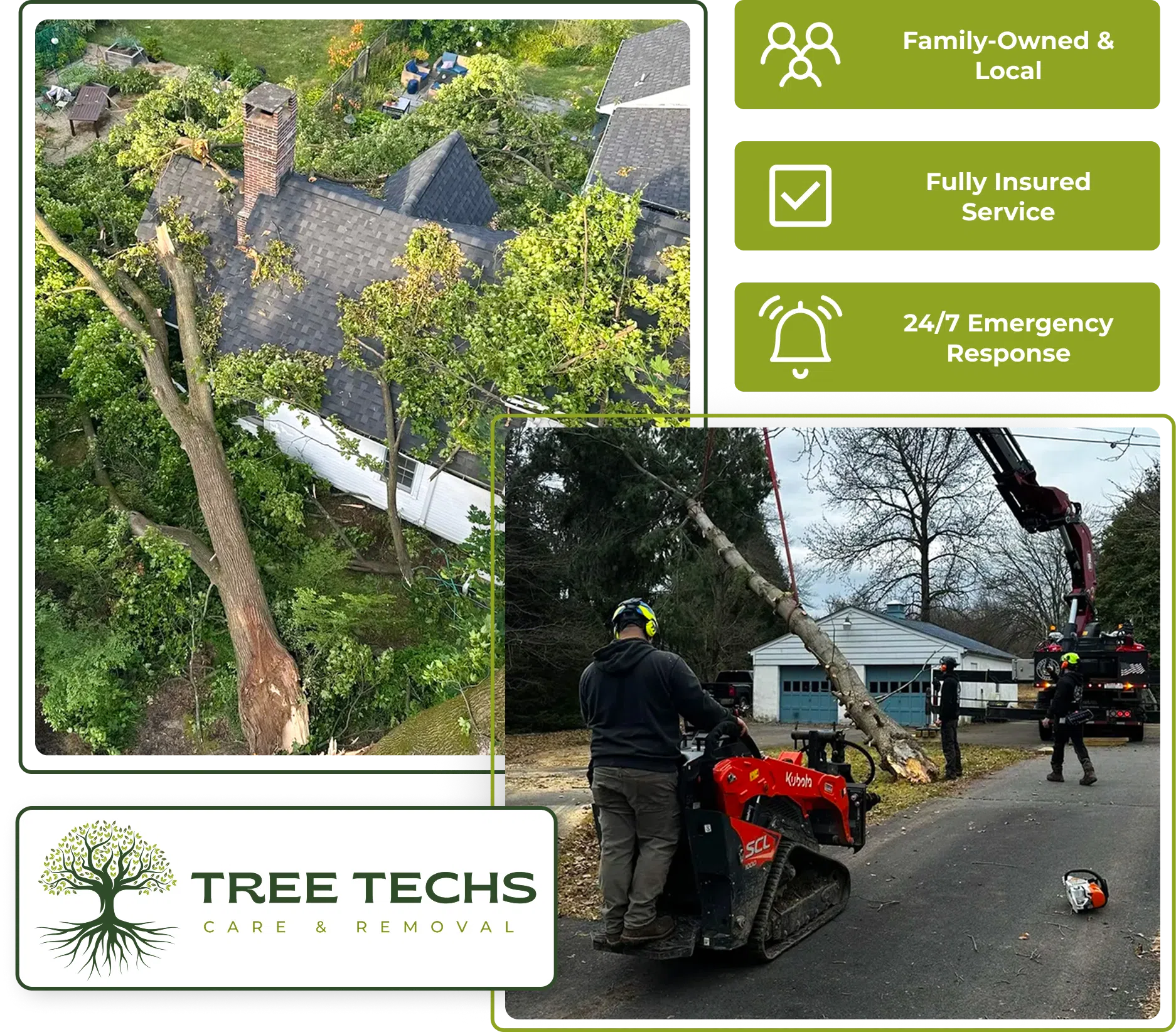 Crew cutting up a fallen tree as part of storm recovery services.